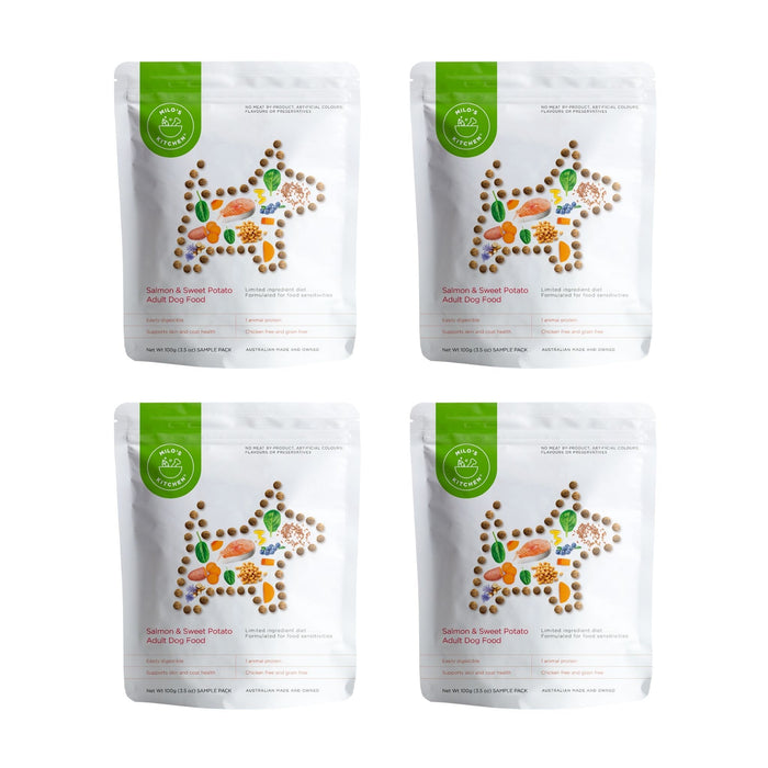 4 x 100g Milo's Kitchen Salmon and Sweet Potato Dog Samples