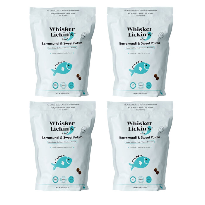 4 x 100g Whisker Lickin's Barramundi and Sweet Potato Cat Samples