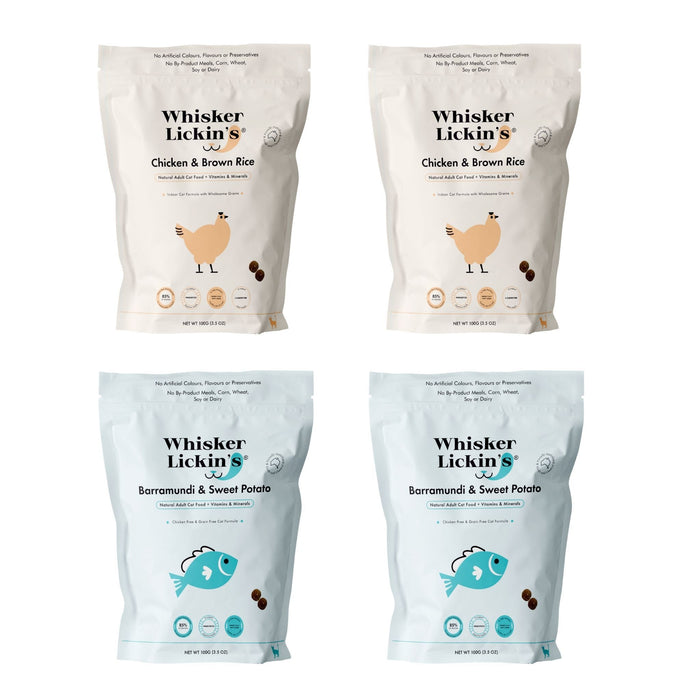 4 x 100g Whisker Lickin's Cat Samples (Mixed)