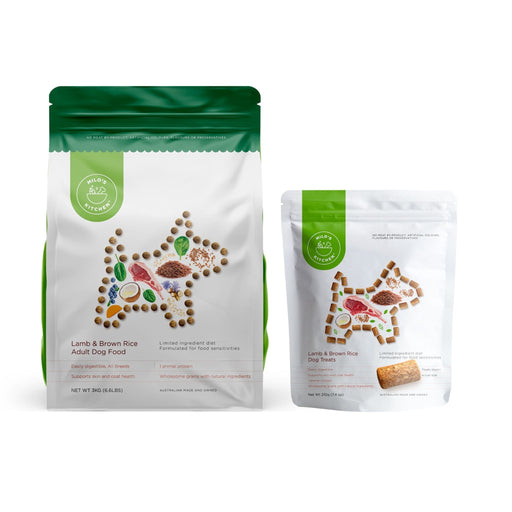 Bundle MILO'S KITCHEN Adult Single Protein Lamb Brown Rice Dry Dog Food 3kg Plus Lamb Dog Treats 210g